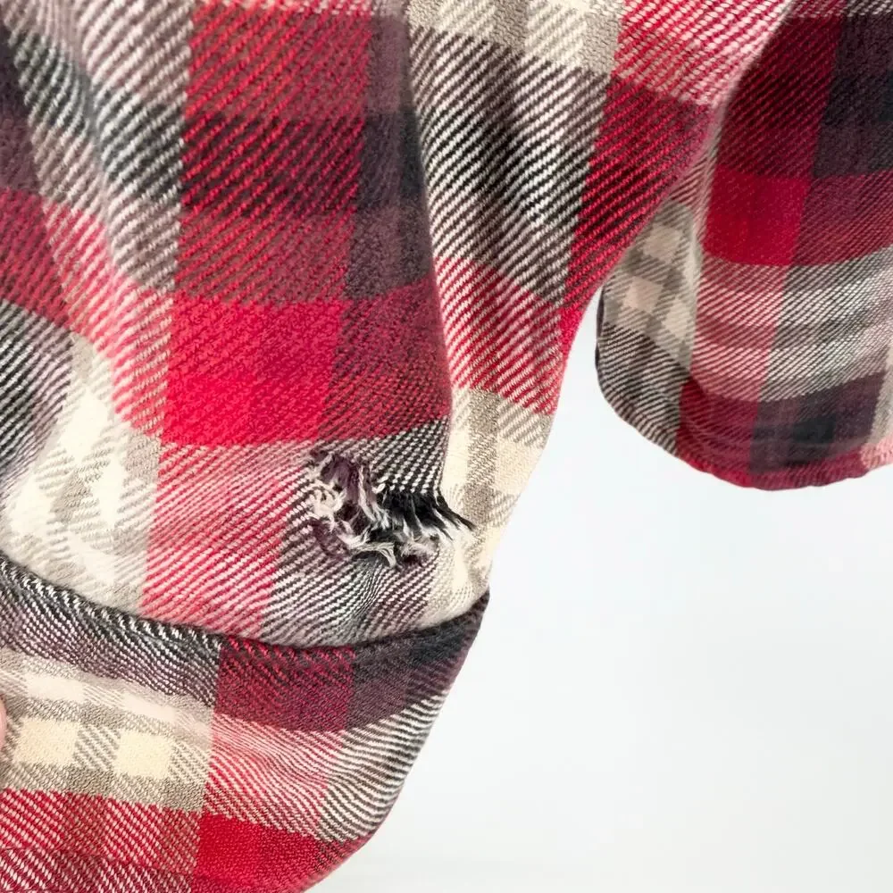 Woolrich Mens XL Flannel Shirt Red Black Plaid Heavy Cotton Elbow Patches FLAWED - Picture 8 of 15